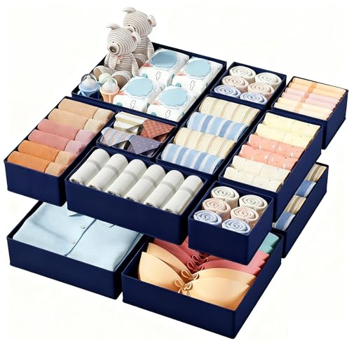 DIMJ 12Pack Drawer Organiser Divider Baby Essential for Newborn, Navy Blue | for Closet Drawers, Dresser Shelves and Wardrobe Compartments of All Standard Sizes