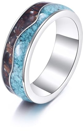 DAYLINLOVE Türkis Holz Ring für Männer und Frauen S925 Sterling Silber Whiskeyfass Holzmaserung Einlage Hochzeitsversprechen Engagementring (7)