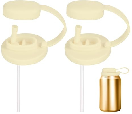 sourcing map 2 Pcs Soda Can Lids with Straw Silicone Spill-Proof & Airtight Seal Energy Drink Can Covers Reusable for Standard Size Beer Beverage Juice Seltzer, Beige