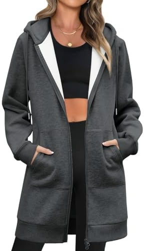 Tuopuda Sweatjacke Damen Lang Casual Hoodie Langarm Kapuzenpullover Mit Kapuze Reißverschluss Fleecejacke Herbstjacke Oversize Pullover(Dunkelgrau,L)