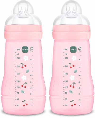 MAM Biberon, 2-4 mois, 270 ml, avec tétine 2 à débit moyen en silicone, facile à tenir, facile à nettoyer, MAM Easy Active, rose vif, lot de 2