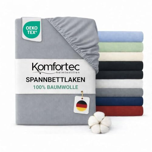 Komfortec Spannbettlaken Jersey 100% Baumwolle – 120x200 cm – 135g/m² – Weich, Atmungsaktiv & Hautfreundlich – Mit Rundumgummi – Oeko-Tex Zertifiziert – Für Boxspring, Topper & Matratzen – Grau