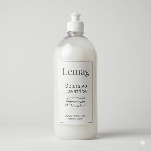 Detersivo Lavatrice Liquido 1 Litro Biodegradabile — Capi Bianchi e Colorati 30°-60°, Fino a 13 Lavaggi, Senza Parabeni, Nickel Tested — Lemag Bianco Latte, Made in Italy