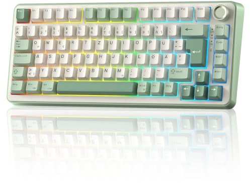 YUNZII B75 PRO ISO-DE Mechanische Gaming Tastatur (Matcha, Milk Switch) | 75% QWERTZ Layout (DE) mit Drehknopf, BT5.0/2.4GHz/USB-C, Vorgeschmierte Schalter, RGB für Win/Mac/PC