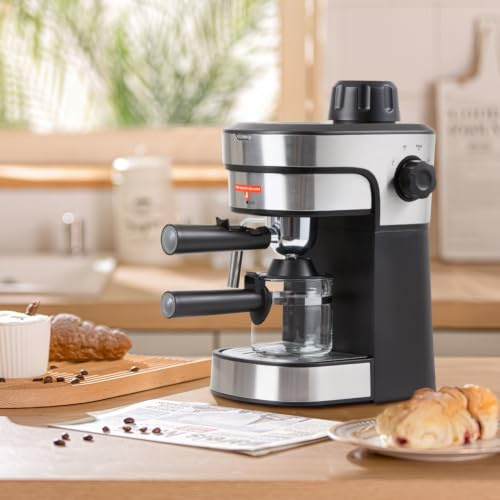 KOMORE Espresso Machine, Coffee Machines 3.5 Bar, Milk Frother, Silver | Semi-Automatic Portable Coffee Maker, Warm Cup Area, Stainless Steel, Latte Machine, Espresso & Cappuccino Machines For Home