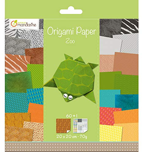 Avenue Mandarine 52504MD Origami color Papier (quadratisch, 20 x 20 cm, mit Faltanleitung, 60 verschiedenen Blätter und 1 Blatt mit Augenset, Zoo)