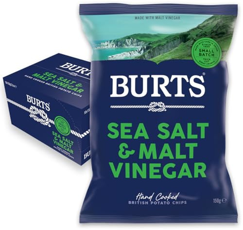 Sea Salt and Malt Vinegar Hand Cooked Burts Crisps Sharing Bags - 10 x 150 g Multipack Box - Vegan and Vegetarian Friendly, Hydrogenated Fat Free, Non-GMO – Salt and Vinegar Share Bags