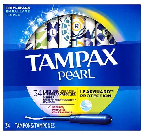 Tampax Pearl Tampons, Light/Regular/Super Absorbency with LeakGuard Braid, Triple Pack, Scented, 34 Count
