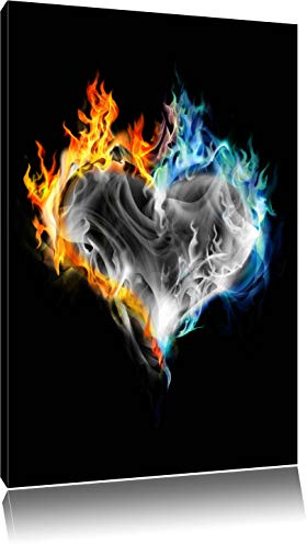Pixxprint Dark brennendes Herz aus Feuer und Wasser B&W, Größe: 100x70cm, Leinwandbild, fertig gespannt, Wandbild, Dekoration, Kunstdruck, kein Poster