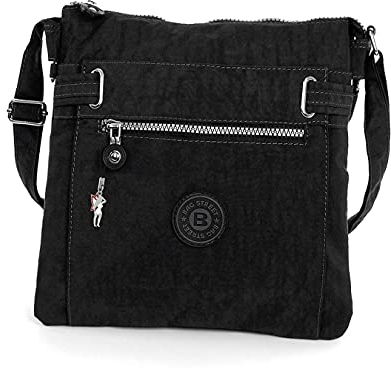 Bag Street Damen sportliche Handtasche Umhängetasche Schultertasche aus Nylon (Schwarz)
