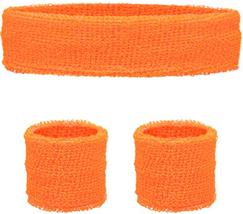 Schweissband und Stirnband Set – Schweißband Neon für 80er Jahre Outfit Damen - Neon Accessoires für Fun Runs Team Building Events Pride Partys Gymnastik Sport Tennis – Stirnband 80er Jahre (Orange)