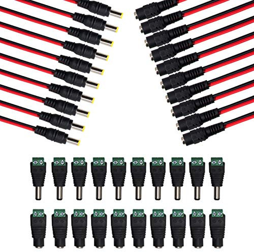 MILAPEAK Lot de 10 paires de câbles d'alimentation CC 12 V 5 A mâle et femelle + 10 paires de connecteurs de prise d'alimentation CC pour vidéosurveillance de sécurité domestique 2,1 mm x 5,5 mm, 10