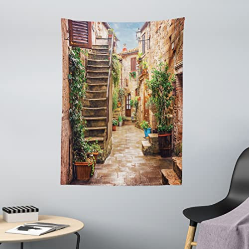 ABAKUHAUS Italien Wandteppich, Old Stone Street Häuser aus Weiches Mikrofaser Stoff Waschbar ohne Verblassen Digitaldruck, 110 x 150 cm,Grün Tan