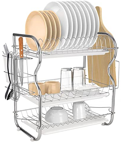 Youyijia 3 Tier Dish Drainer Rack with Drip Tray Stainless Steel Dish Drying Rack with Chopstick Holder Knife Holder Removable Chopsticks Knives Cutting Board Holder with Base Clips for Kitchen White
