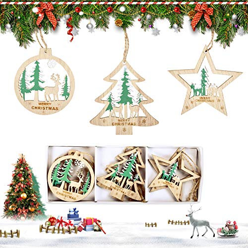 EKKONG 6 Stück Anhänger Holz Weihnachten, Weihnachtsanhänger Deko, Holz Weihnachtsdeko Anhänger, DIY Basteln Holzanhänger für Weihnachtsschmuck Weihnachtsanhänger Baum (Grün)