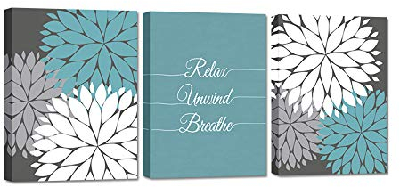 Zlove 3 Stück blaugrün-grau-weiße Badezimmer-Wandkunst Relax Unwind Breathe Schilder Dahlie Blumen Bild gespannt und gerahmt für Spa Yoga Raumdekoration fertig zum Aufhängen 30,5 x 40,6 cm x 3 Stück