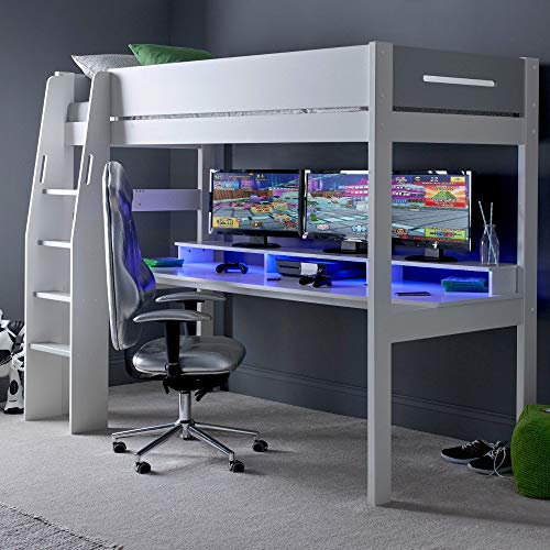 happybeds Gaming High Sleeper, Urban Grey Wooden Console Kids Sleeper with Desk and Shelves European Single with Pocket Sprung Mattress Included