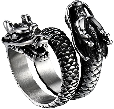 JewelryWe Schmuck Herren-Ring Drachen Edelstahl Drachenkörper Eröffnung Ringe mit Gravur Silber Hip hop Punk Größer 60