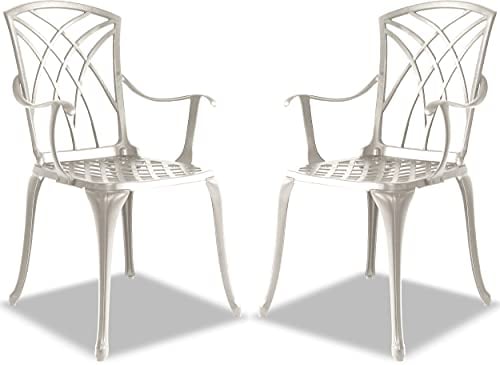 Homeology Oshowa White 2-Large Garden and Patio Bistro Chairs with Armrests in Cast Aluminium
