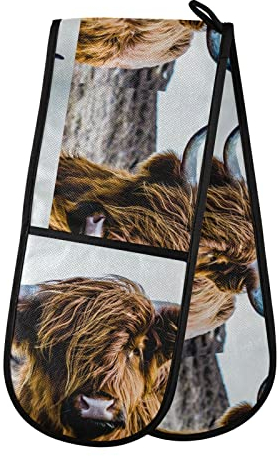 Earth-Yellow Scottish Highland Cow Vintage Style Double Oven Mitt Gloves Extra Long Potholder High Heat Resistant for Baking Cooking Baking Grilling Handling Hots Pans 35x7