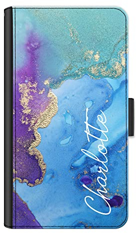 Personalised Phone Case For Apple iPhones, 16, 15, 14,13, 12, 11, Pro Max, Mini, XR, XS, SE, Custom PU Leather Flip Phone Cover, White Side Name Purple Blue Marble Phone Case, Initial Phone Case