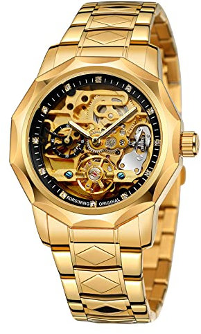 BOLYTE Armbanduhr Herren Analog Automatik Edelstahl Mechanische Skelett Männer Uhr Glas Rückseite, 8240-gold Schwarz