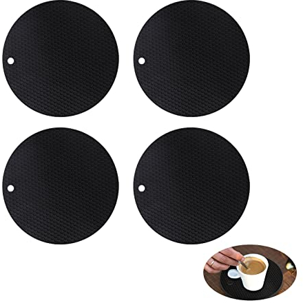 4 Pcs Heat Resistant Mats Non slip Silicone Mats Table Mats for Worktops for Hot Pans Spoon Rest Dishes Coasters(Black)