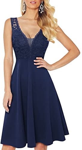 HOMEYEE Robe de Soirée Vintage pour Femme sans Manches en Dentelle Rockabilly Swing Robe de Cocktail A288