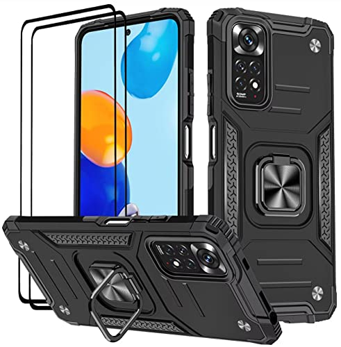 KANSi Coque pour Xiaomi Redmi Note 11 Pro/Note 11 Pro 5G, Verre Trempé [2 Pièces] + Housse TPU Silicone Rotation 360° Aimant Anneau Support Double Défense Protection Etui - Noir