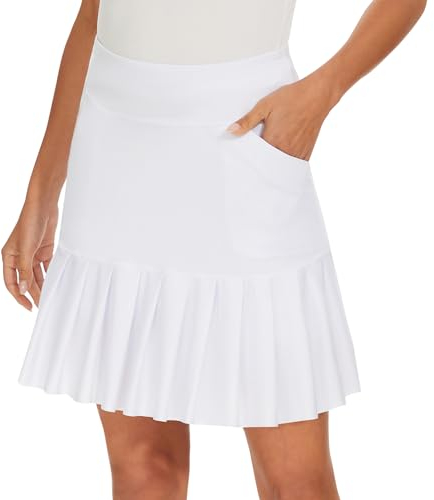 M MOTEEPI Tennisrock Damen Hosenrock Skirts Skort 19 Knielang Ruffle Saum Rock mit Hose Drunter Rock Damen Fahrradrock Golfrock Hohe Taille mit 3 Taschen Weiß M