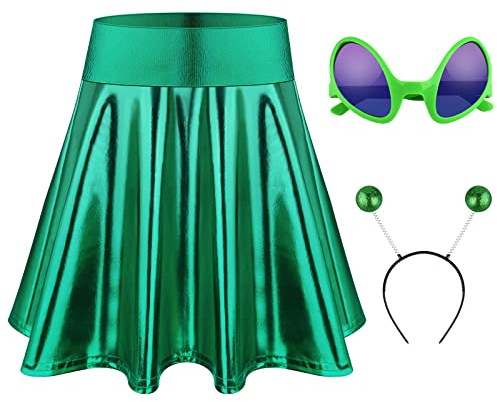 MIAHART Halloween-Alien-Stirnband und Metallic-Rock Ausgestellter Plissee-Skaterrock für Halloween-Zubehör-Dekorationen (Green, Small)