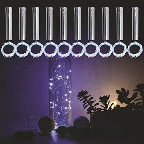 TINYOUTH Lot de 10 bouchons en liège avec guirlande lumineuse LED blanc froid, 2 m, 20 LED, 2 m, 20 LED, éclairage pour bouteille de vin, lumière en liège AA pour fête, mariage, Noël