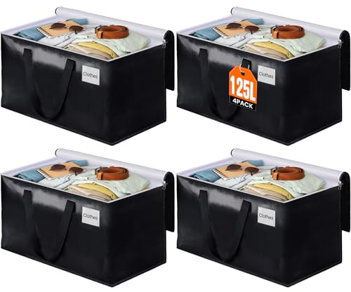 BlissTotes Umzugstaschen, robuste Umzugskartons mit Reißverschluss oben und stabilen Griffen, Aufbewahrungstaschen zum platzsparenden und Verpacken, faltbare Umzugsmaterialien, 4er-Pack, schwarz)