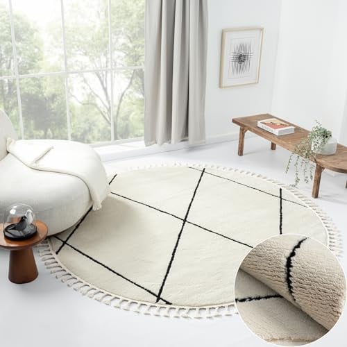 MY-RUG Teppich Ida rund weiß schwarz 190 x 190 cm Esszimmerteppich im Boho Style, Skandinavischer Fellteppich Kunstfell Vintage Teppich mit Fransen, Flauschig im Rauten Muster