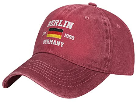 Rot Washed Denim Germany Est.1990 Berlin Baseball Cap Herren Vintage Baumwolle Mütze Unisex Hüte Damen, #1050, M/Einheitsgröße