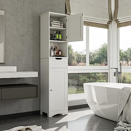 Bealife Hochschrank Badezimmer, Badschrank mit verstellbaren Regalen, Badezimmerschrank mit offenem Fach, Schublade und Türen für Badezimmer, Wohnzimmer, Schlafzimmer (Weiß)