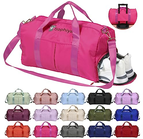 Personalisierte Schwimmtasche, OXYEFEI 45 Embroidery Muster Optional Sporttasche Mädchen Kinder Name Trainingstasche mit Groß Schuhfach Nassfach Faltbare für Ballett Gymnastik Gym(Rose Rot