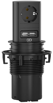 BACHMANN Versenkbare Steckdose Elevator 1x Steckdose mit 2X USB A 2m Kabel Tischsteckdose für Küche und Büro Schwarz 928.0177 (Fährt per Fingerdruck aus, mit hochwertigem Aluminium-Profil)