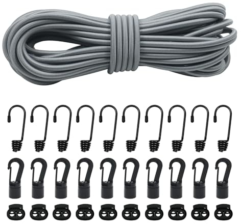 15m De Cuerda Elástica Segura, 6mm cuerdas Elásticas Y Fijaciones,10 De Ganchos Elásticos, 10 Ganchos De Plástico Para Cuerda Elástica,10 Cierres Elásticos De Plástico Lonas, Portaequipajes (6mm,Gris)