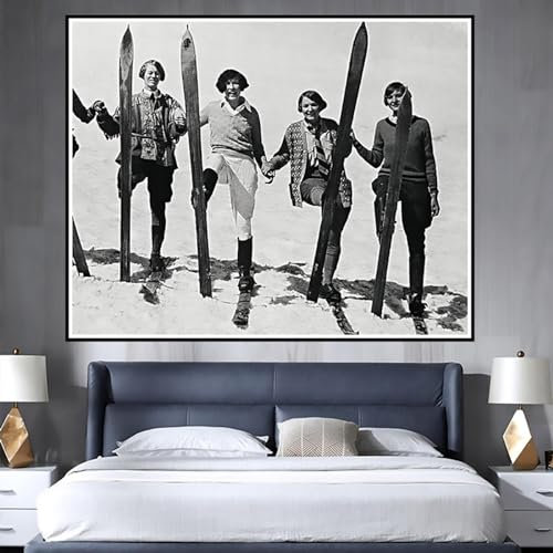 JACBON Schnee Skifahren Frauen Skifahrer Berg Schwarz Weiß Foto Leinwand Gemälde Wandkunst Poster Dekor Bild Dekor für Wohnzimmer 80 x 120 cm rahmenlos