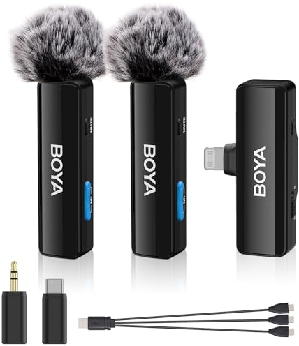 Boya BOYALINK A2 Micrófono Lavalier inalámbrico para iPhone/Android/Vlogging de cámara, sistema de micrófono dual de solapa todo en uno y entradas Lightning y USB-C para teléfonos inteligentes/DSLR Yo