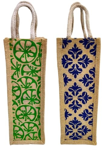 EliteKoopers Set of 2 Natural Jute Water Bottle Bags, Wine Bottle Carry Bag Cover for Giftting with Handle Reusable, Random Color