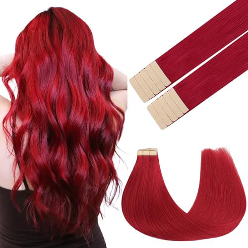GOO GOO Tape in Hair Extensions Echthaar, Red 10pcs 25g 40cm, Farbige Tape ins Echthaar Extensions, Silky&Soft Invisible Tape Ins, Straight Remy Hair Highlighted for Party