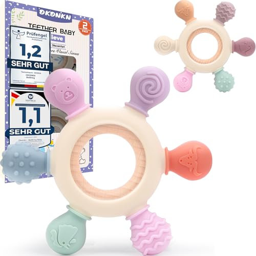 Okonkn Beißring Baby,Zahnungshilfe Baby-Baby Spielzeug 3-6-12 Monate Bpa-Frei Silikon Baby Zubehör Für Jungen Und Mädchen (1 Stück-A) (2 Stück-B)