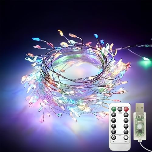 Clearhill 2Pack USB Fairy Lights with Remote Control, 10ft/3M 100LED Color Firecracker Cluster Lights, 8 Modes, Waterproof Copper Wire String Lights for Bedroom, Wedding, DIY Wreath, Garden Decor