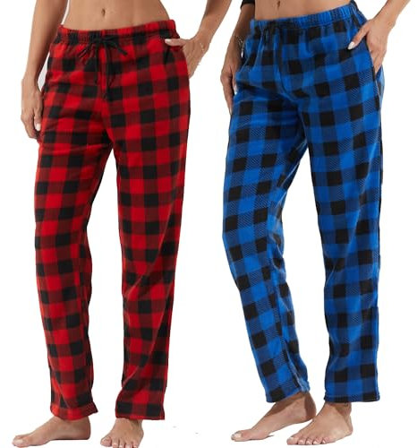 LANBAOSI Lot de 1-2 Bas de Pyjama Femmes Pantalon Pyjama Femme à Carreaux Pantalon de Nuit avec Poches Automne/Hiver Doux Pantalon Long Vêtements de Nuit