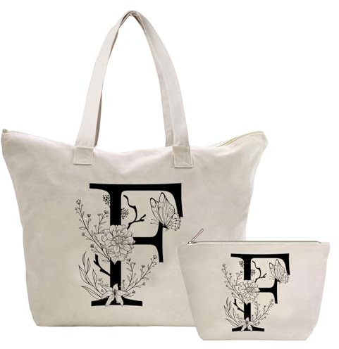 Personalizadas Bolso Tote de Mujer con Inicial, Bolsa de lona con Bolsillo Interior, Bolsa de Compras con Bolso de Cosméticos, Regalos para Damas Mejor Amigas Mamá, Regalo Cumpleaños Navidad F