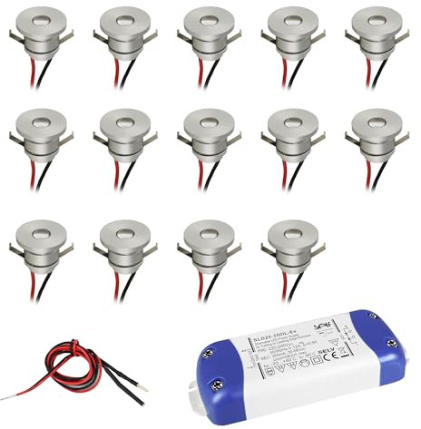 VBLED® 14-er Set LED Aluminium Mini Einbaustrahler 1W 350mA 80lm warmweiß (3000 K) mit dimmbaren Netzteil