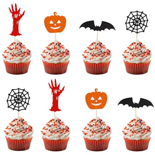 Arthsdite 24 Stück Halloween Cupcake Topper Picks Halloween Party Kuchen Dekorationen Kit mit Fledermaus Blut Hand Spinnennetz für Babyparty Geburtstag Kuchen Dekoration