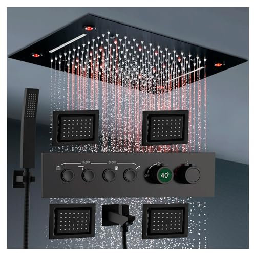 Boyuan Set Doccia LED 64 Colori Termostatico Miscelatore in Ottone Colonna Doccia Incassato a 4 Funzioni con Soffione Doccia a Soffitto a Pioggia E Cascate Doccia a Mano 4 Getti Corporei